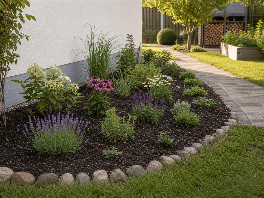 Beetgestaltung und gepflasterter Gartenweg